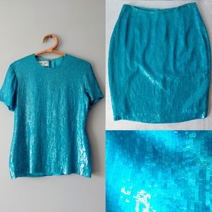 Michael Kors Vintage Set Skirt Top Sequined Teal